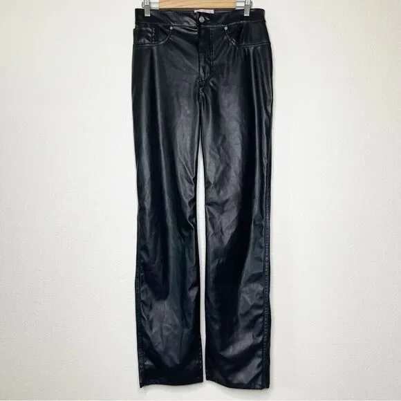 Revice Pants Size 32 Black Vegan Leather Uptown Happy Hour Straight Slit Leg - Picture 3 of 15